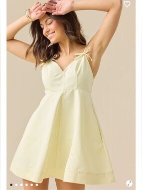 NWT- Altar'd State Light Yellow Bow Tie-Strap Jean Denim Mini Dress W/Pockets